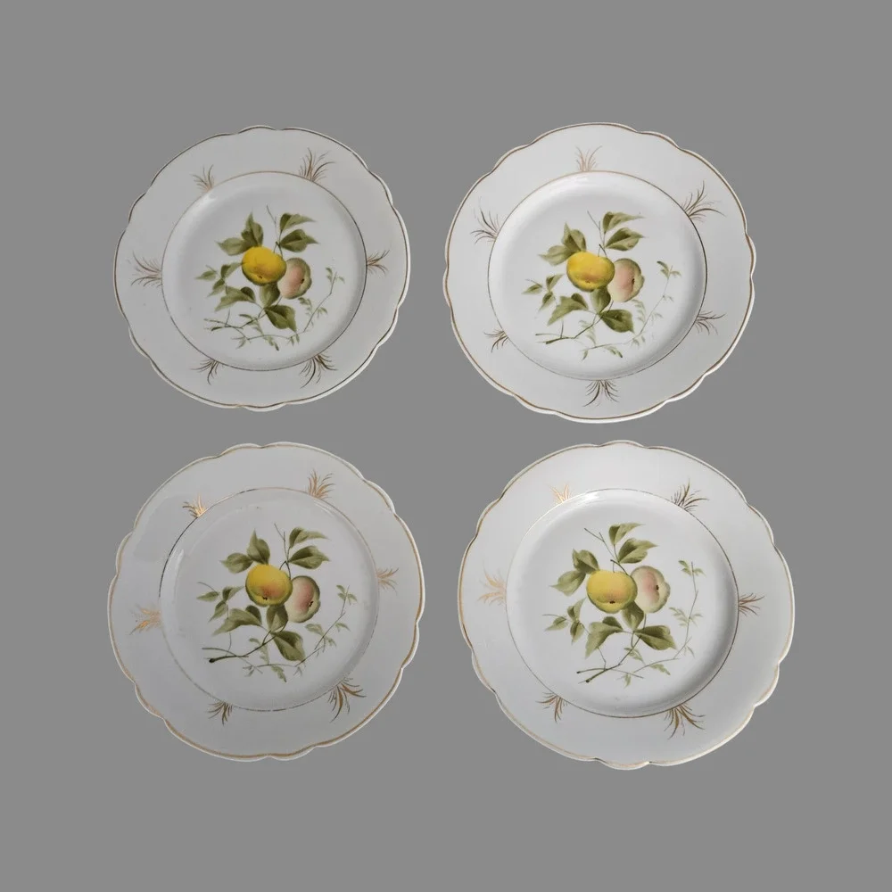 Set of 4 Vintage Porcelain Dessert Salad Plates Fruit Gold Trim Scalloped